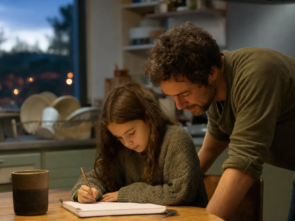 A parent helping a young child with homework at a kitchen table in the evening.