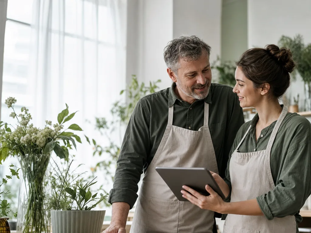 A business owner and an employee talking together at a counter in a bright workspace.