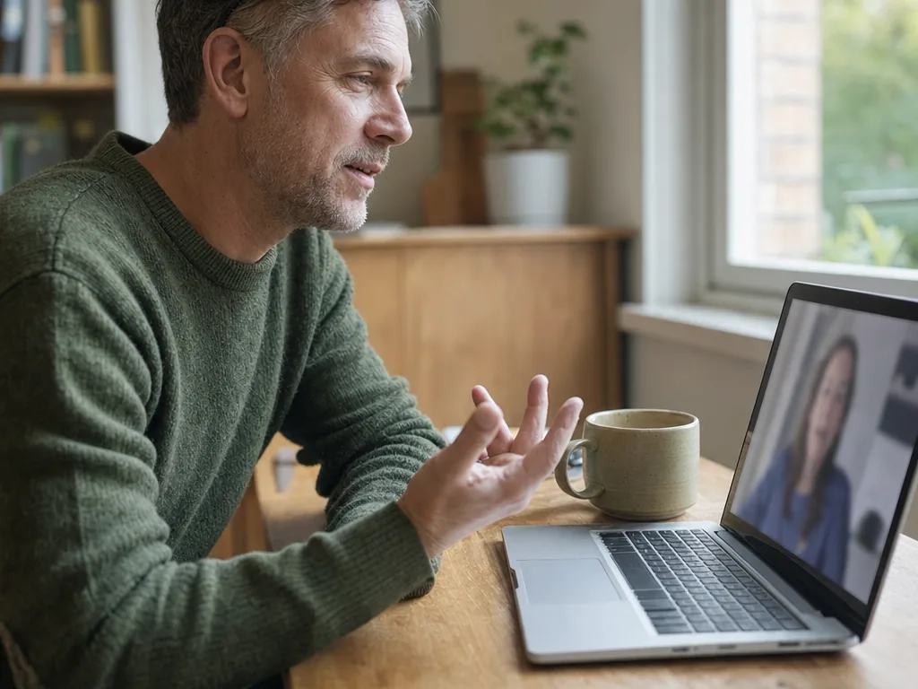 A man at his home desk on a laptop video call, reading glasses pushed up, morning light through the window.